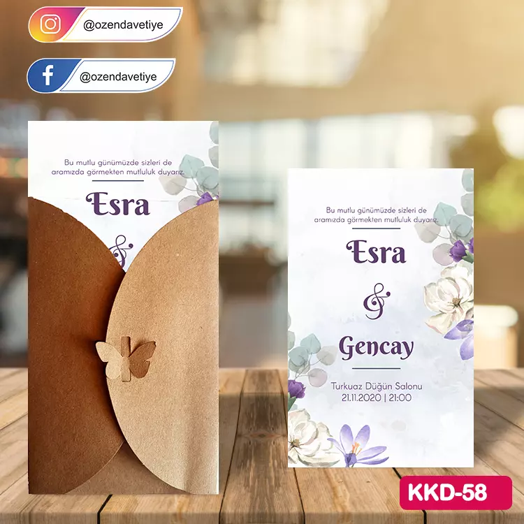 ozen-davetiye-Düğün Davetiyesi - Kelebekli Kraft Zarflı Davetiye Model No:58